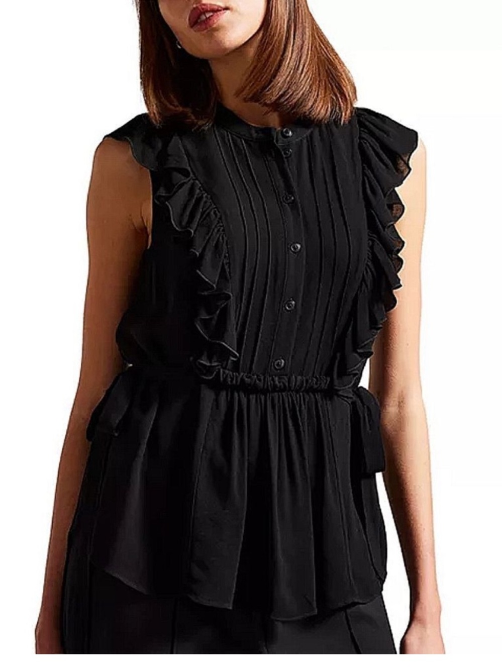 Ted Baker London Black Ruffle Pintuck Sleeveless Top